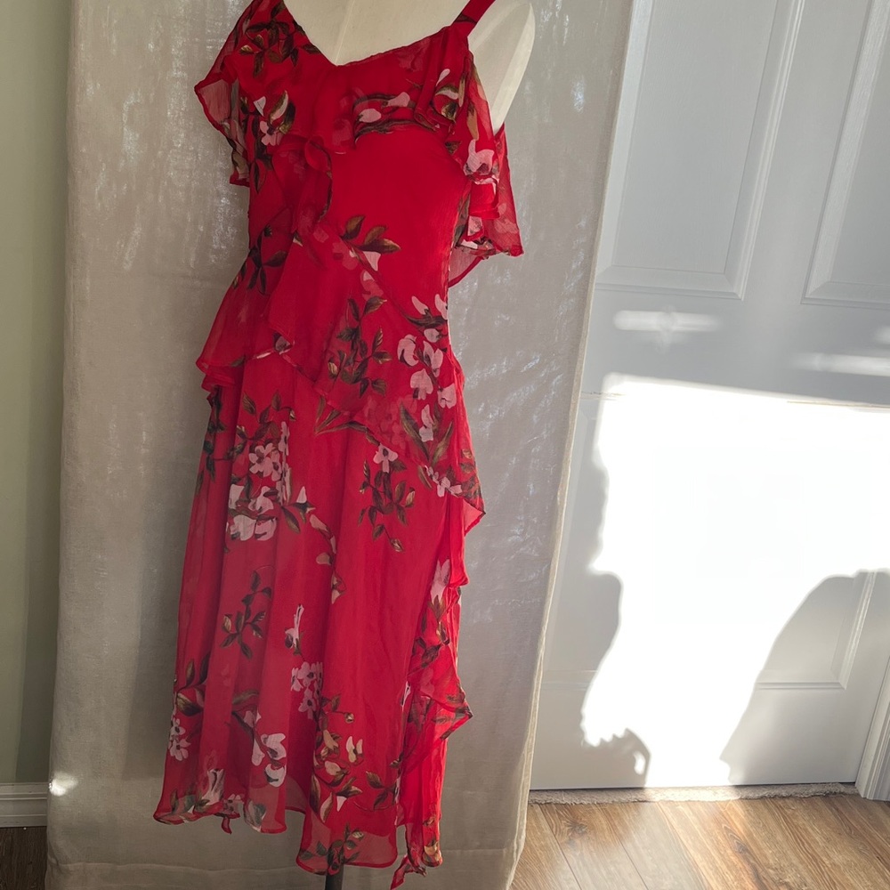 Red Floral Ruffled Slip Dress